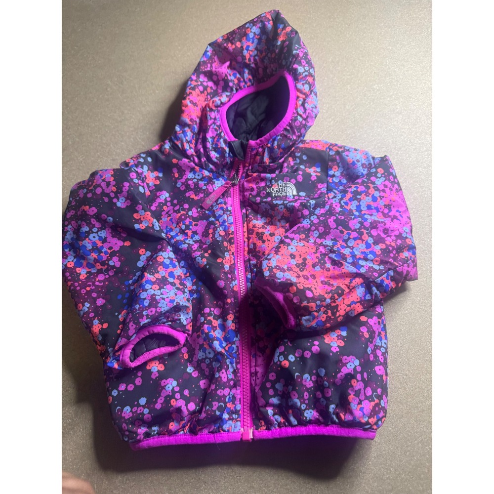 The North Face Toddler 3T Reversible Quilted Jacket Black Purple Floral Hooded - Picture 2 of 6